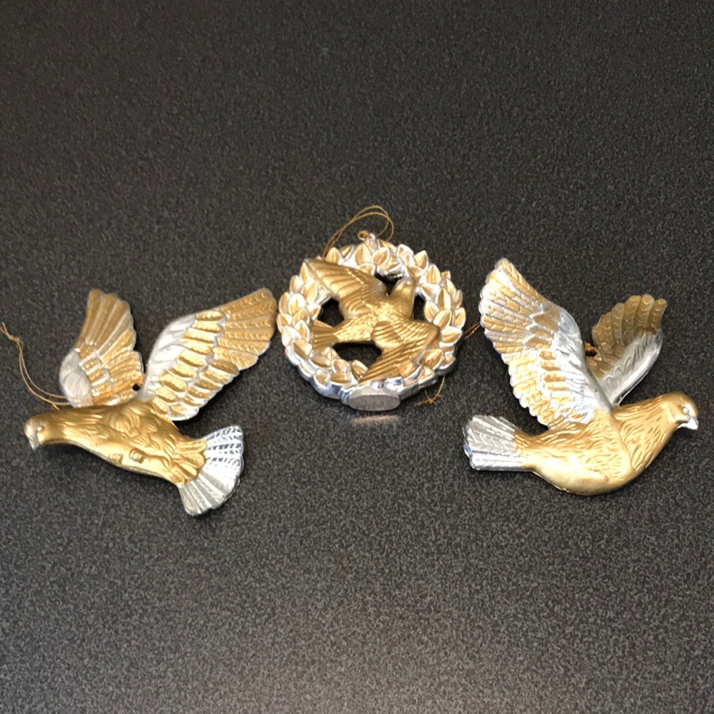 Vintage Lot of 3 Gold & Silver Doves Christmas Tree Ornaments